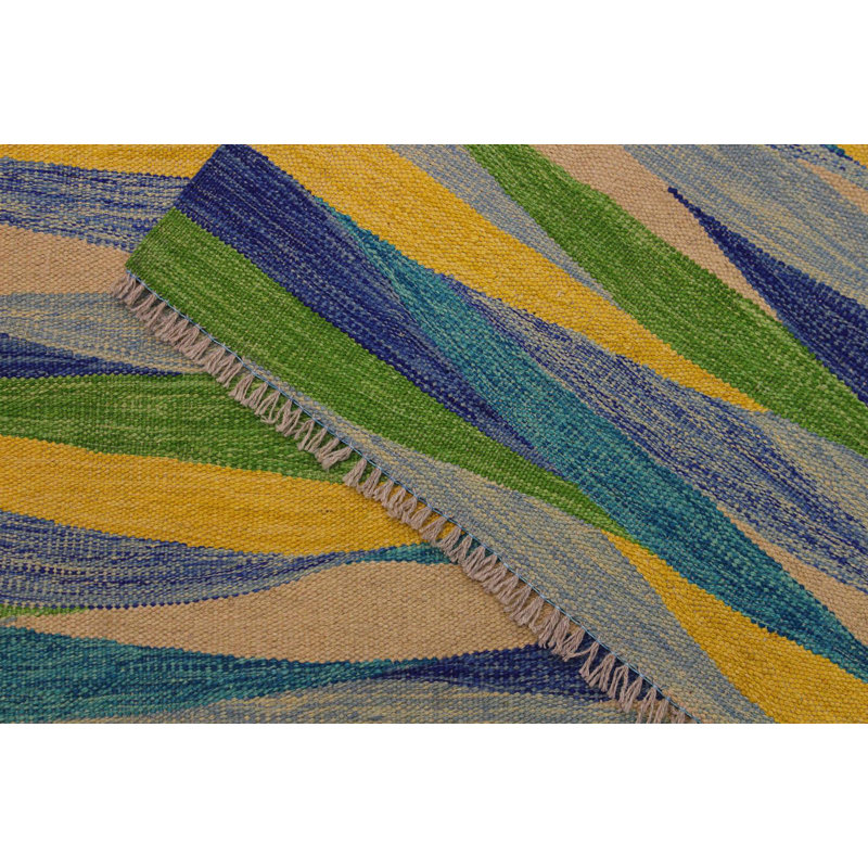 Tapis vert / bleu / jaune en laine à motif abstrait fait à la main 6 pi 6 po x 9 pi 9 po Madee