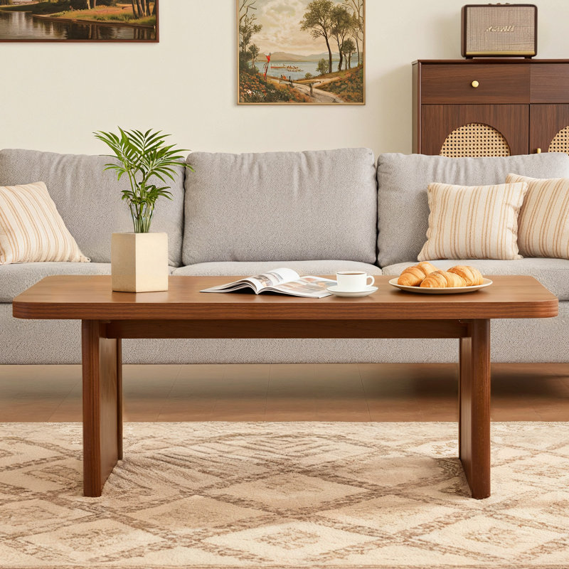 47.2" Modern Farmhouse Coffee Table with Solid Pine Legs & Rounded Corners, Walnut