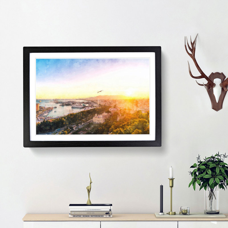 'Malaga Skyline in Spain' - Picture Frame Graphic Art Print, Black Framed, 33cm H x 45cm W x 2cm D