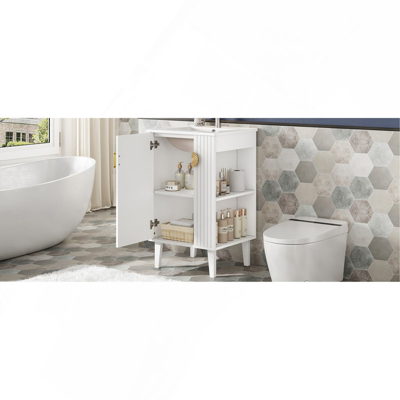 Ensemble de meuble-lavabo simple autoportant avec porte à fermeture douce, poignées en demi-lune chic, style français, blanc, 20 po