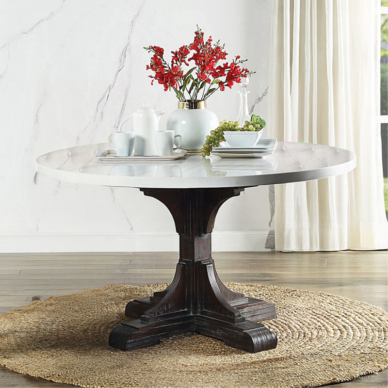 Table de salle à manger ronde avec plateau en marbre artificiel, blanc et espresso vieilli