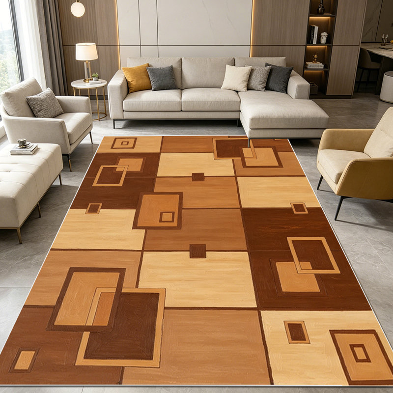 1PC Geometric Brown Square Block Mid-Century Modern area rugs for Living Room, Soft and Comfortable, Suitable for all seasons, easy-to-maintain, machine washable Indoor floor mat, Under Table Farmhouse suitable for dining room, bedroom, entryway,