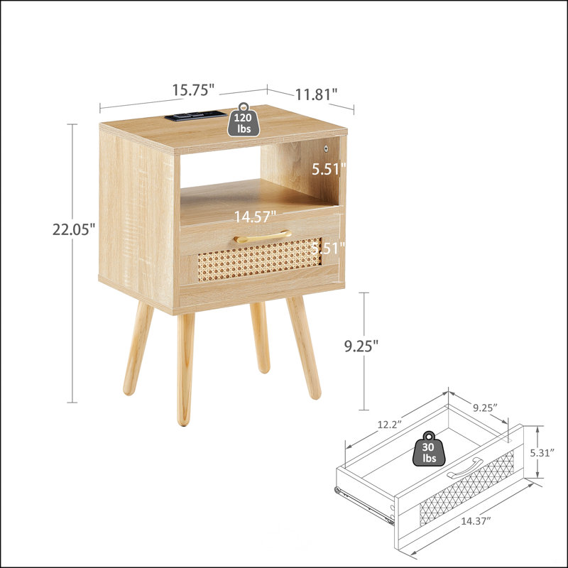 Table de bout en rotin 15,75 po avec prise de courant et ports USB, Naturel