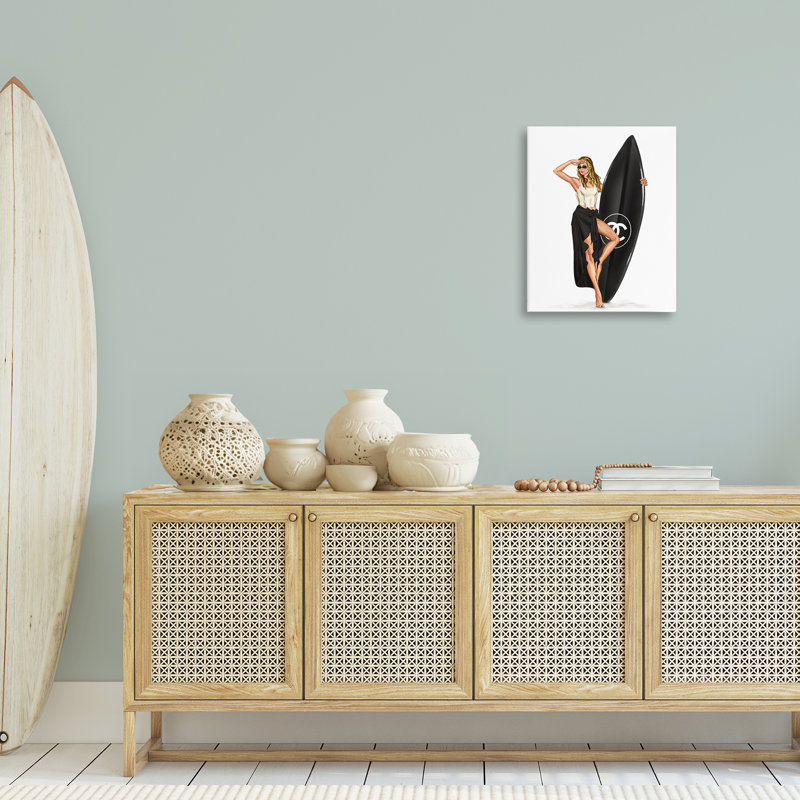 «Trendy Surfer Girl» en toile noire, design par Ziwei Li, H 20 po x l 16 po