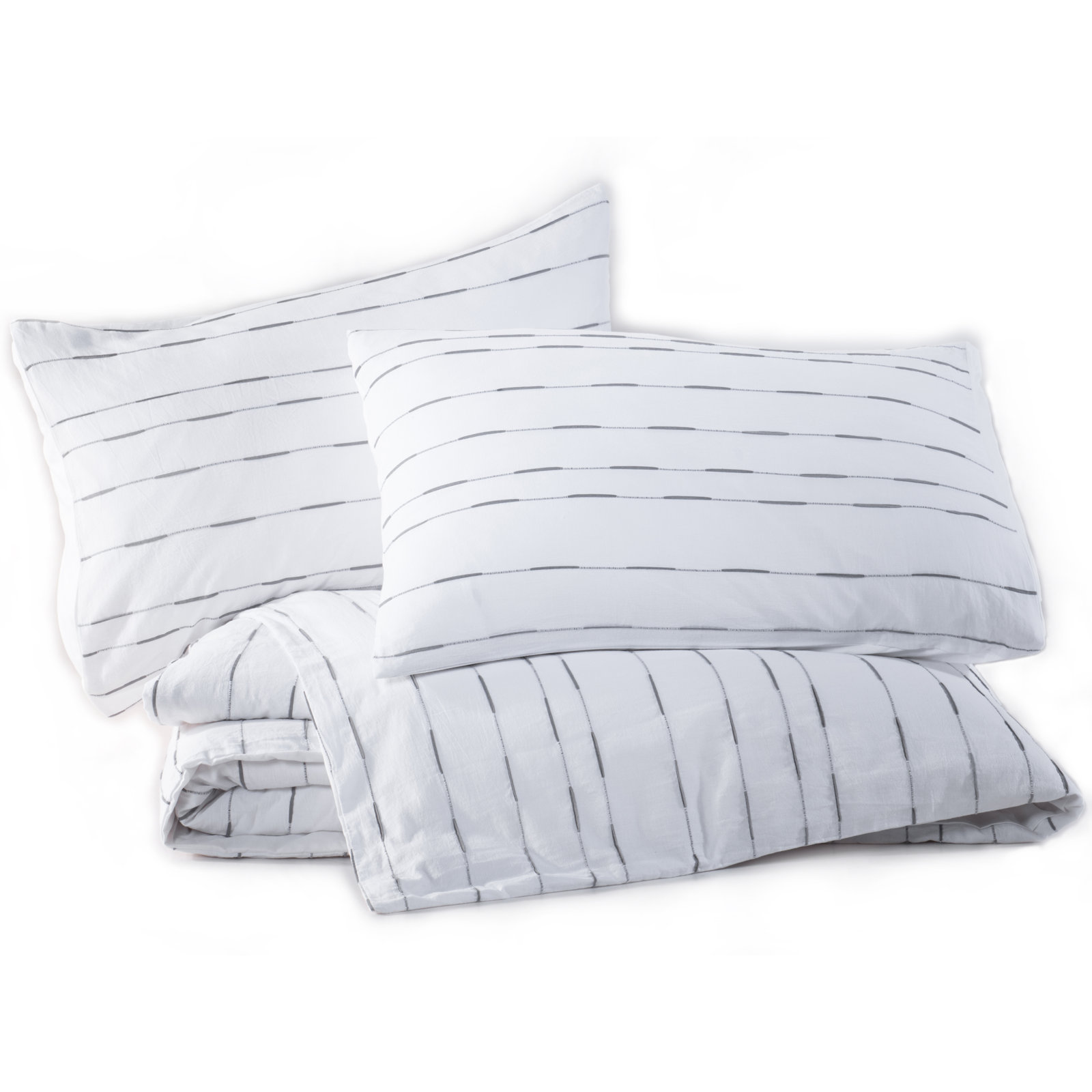 Zari Cotton Percale Duvet Cover Set, Queen Duvet Cover + 2 Standard Shams, White/Gray