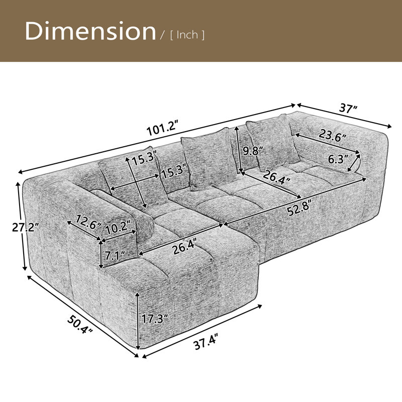 Canapé modulaire de 101,2 po avec canapé à compression complète et canapé modulaire à assise profonde et deux poches latérales