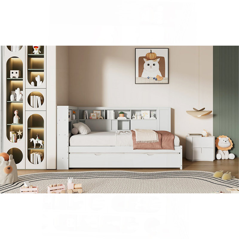 Lit de jour simple en bois avec tablettes de rangement, Blanc