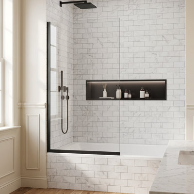 Shower Glass Panel for Tub 35"×60", 3/8" (10mm) Clear Tempered Glass, Semi-Frameless Fixed Shower Screen, Single Glass Panel with Double-Sided Easy-Clean Coating, Walk in Tub Door for Bathroom, Black