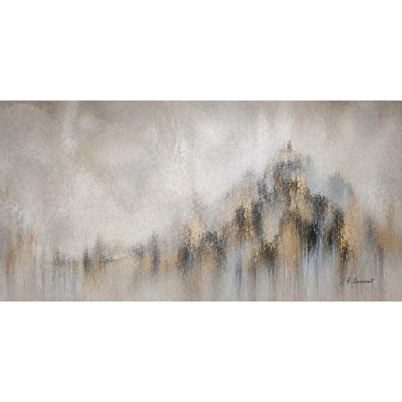 Tableau panoramique abstrait de montagne gris brumeux et or sur toile tendue, 20" H x 40" W x 1.5" D