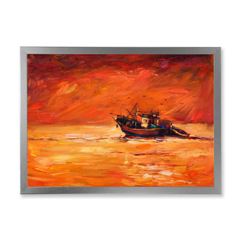 Bateau de pêche pendant la soirée - peinture sur toile, Encadrement argenté, H 12 po x l 20 po x p 1 po