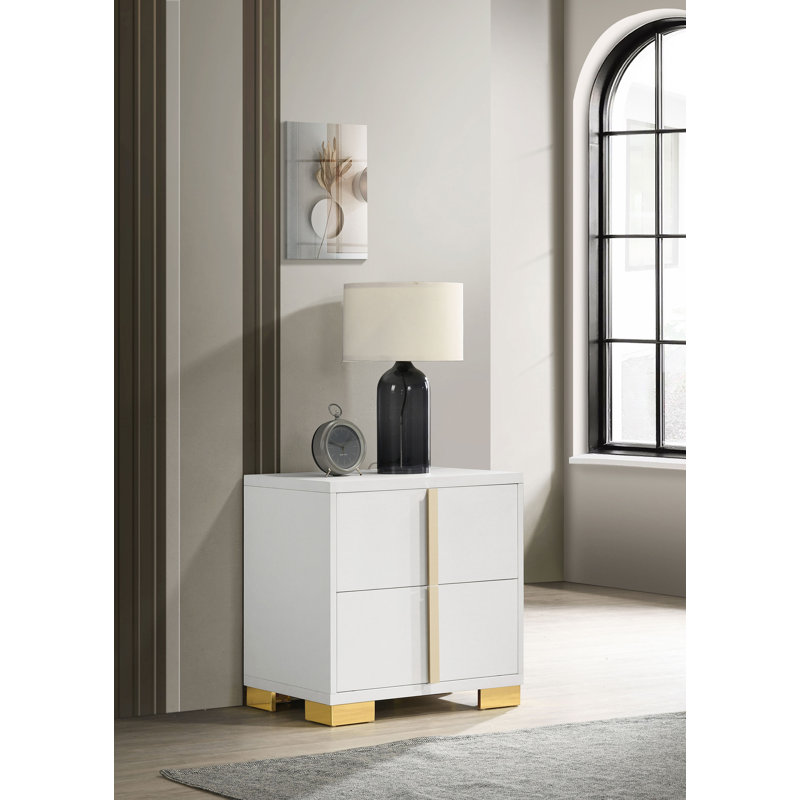 White and Gold Modern 2-Drawer Nightstand