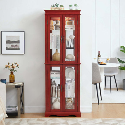 Lighted Glass Curio Display Cabinet With Wood Frame - Elegant Glass Storage For Wine, Toys & Collectibles - Perfect For Living Room, Kitchen & Pantry - Bulb Included