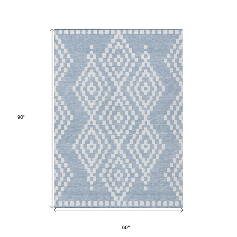 Tapis extérieur lavable à motif géométrique bleu et ivoire 5 pi x 8 pi