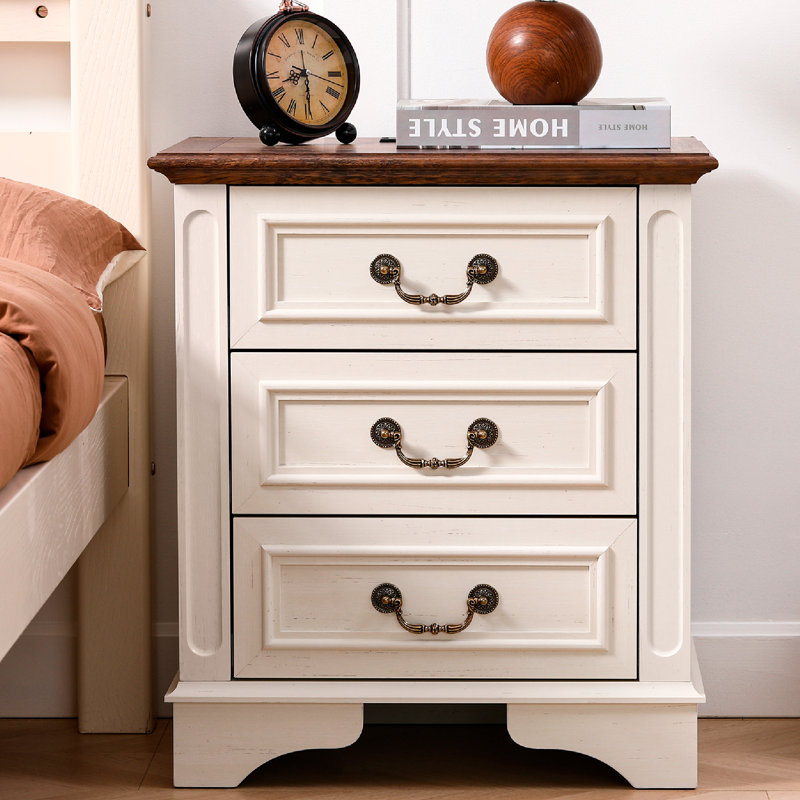 21.65'' Wide Nightstand With 3 Drawers (Set Of 2), White/Walnut, Set of 2