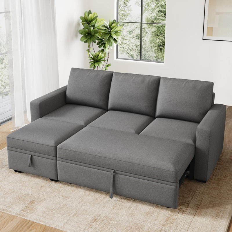 L-Shaped Sleeper Sectional Sofa with Storage, Light Gray Polyester