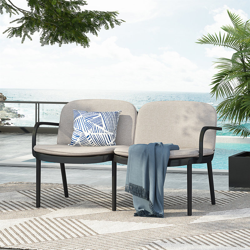 Outdoor Patio PP Loveseat Frame With Cushion, Beige, Black