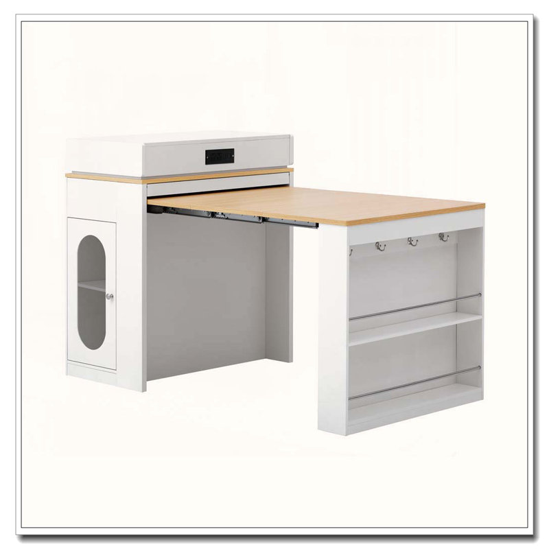 Table de salle à manger extensible avec plateau pliable, tiroirs et prise de courant, Blanc / Naturel
