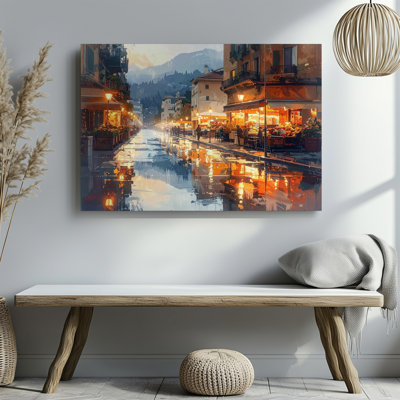 Amber Dusk Reflections Romantic European City Street At Twilight Wall Art Canvas Ready To Hang Gallery Wrapped Home Decor Modern Design