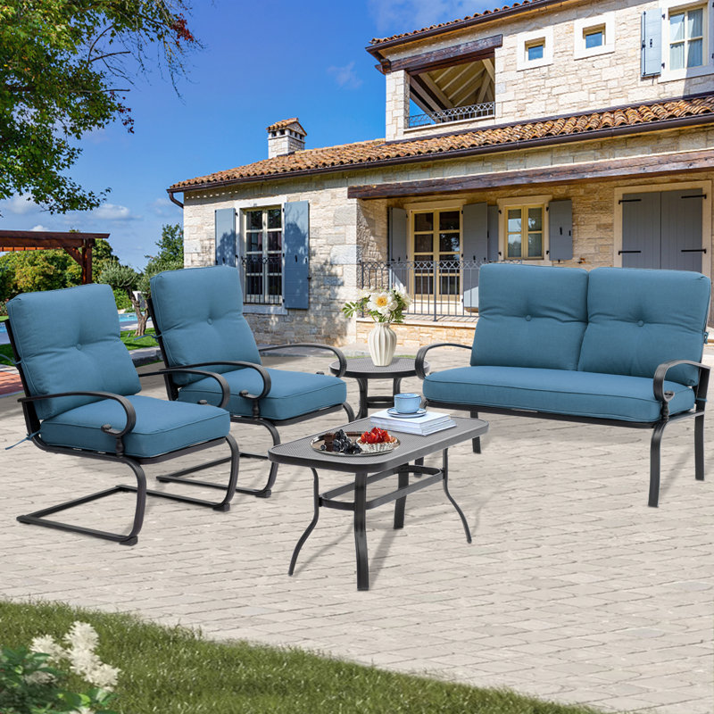 Alekto 4 - Person Patio Conversation Set with Cushions, Peacock Blue