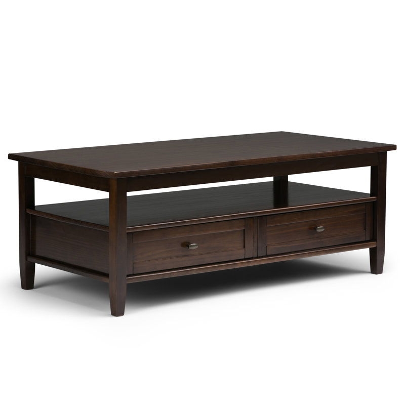 Warm Shaker 48"W Solid Wood Coffee Table with Two Storage Drawers and Open Shelf, Tobacco Brown
