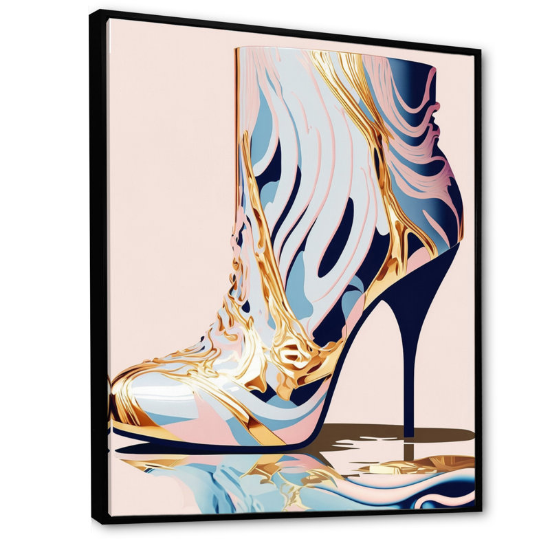 Rose et bleu, bottes à talons hauts II - impression sur toile, Toile avec cadre flottant noir, H 20 po x l 12 po x P 1 po