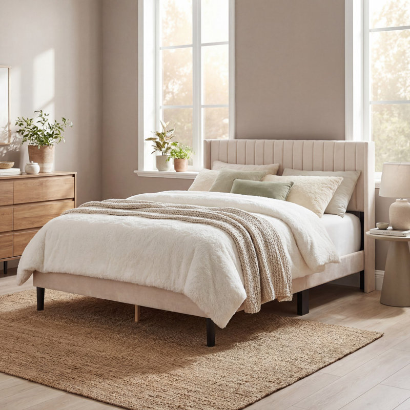 Modern Minimalist Bed Frame with Upholstered Vertical Channel Tufted Wingback Headboard, Beige Fabric, Queen
