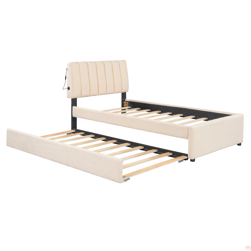 Lit plateforme tapissier simple avec lit gigogne Teddy