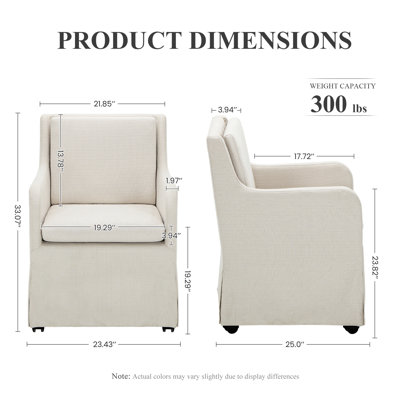 19" Wide Upholstered Dining Armchair with Casters, Removable Cushion, Soft Fabric Slipcovered Accent Chair, Low Seat Height for Dining Room & Living Room