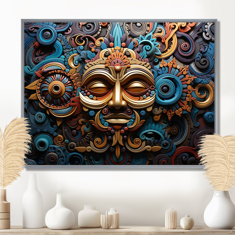 «Teal Gold Mexico Vibrant Aztec Mask I», reproduction sur toile, H 12 po x l 20 po, Encadrement doré