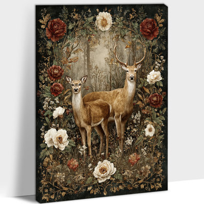 Art mural en toile de Noël cerf, forêt d'hiver avec deux cerfs, reproduction d'art sur toile, art mural prêt à accrocher pour décoration saisonnière, 12 po x 18 po