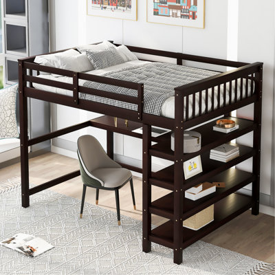 Full Size Loft Bed For Bedroom, . With Desk And Shelves. Construction Bedroom Bed. Comes With Under