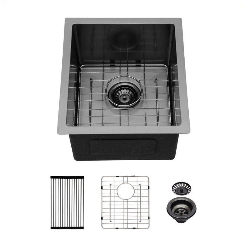 Gunmetal Black Kitchen Sink - 15"X 17"X 10" Undermount Singel Bowl Kitchen Basin 16 Gauge Stainless Steel With 10 Inch Deep