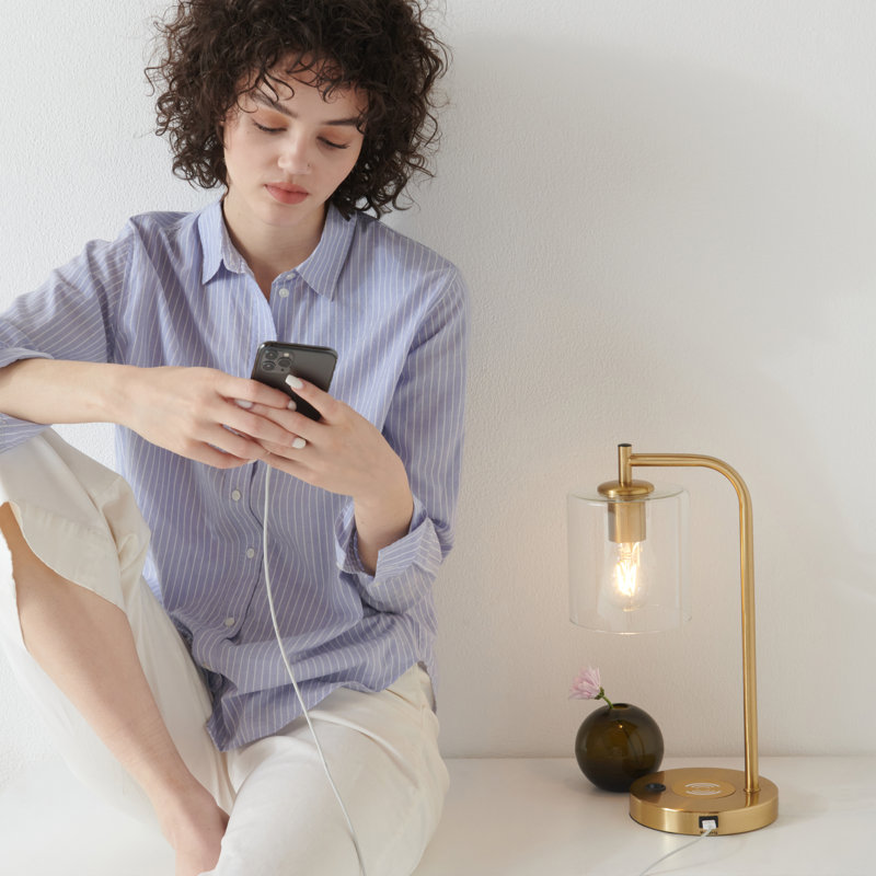 Elizabeth 16 in. Mid-Century Modern Desk Lamp with USB Port and Wireless Charging Pad - Bundle Set of 2