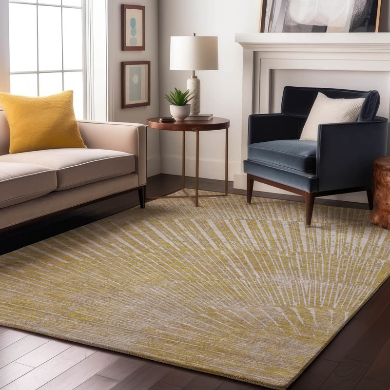 Wheat Rectangular Washable Synthetic 5' x 7' Rug with Fan Design