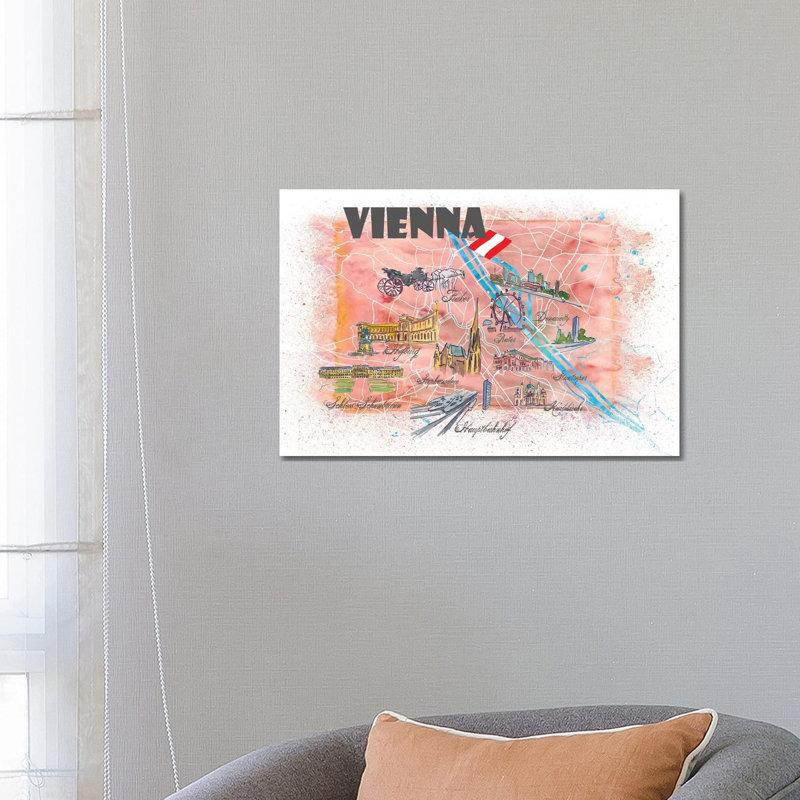 Vienna Austria Illustrated Map by Markus & Martina Bleichner - Painting on Canvas, Wrapped Canvas