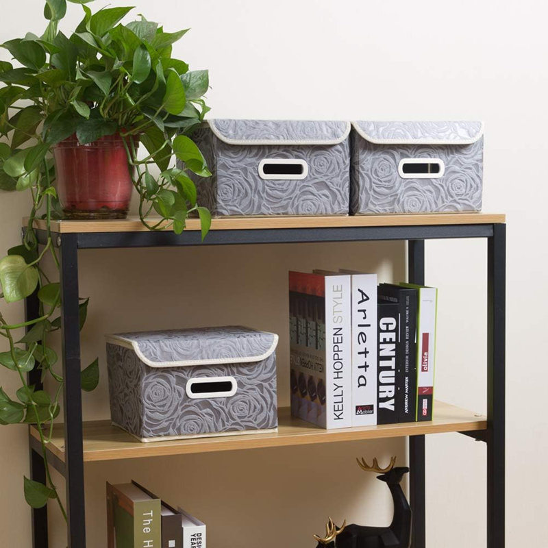 Stackable Storage Boxes With Lids [5-Pack] Fabric Decorative Storage Bins Cubes Organizer Containers Baskets With Cover Handles Divider For Bedroom Closet Living Room