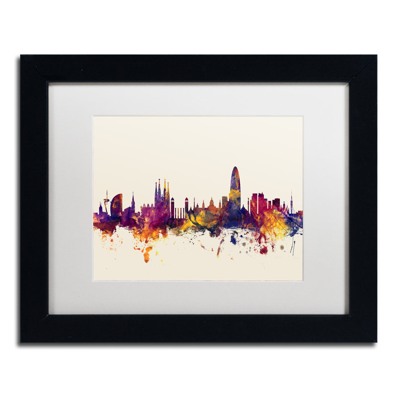 "barcelone espagne horizon" , impression encadrée, H 11 po x l 14 po x P 0,5 po, Blanc, Cadre noir