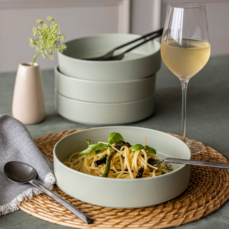 over&back Stackable Semi Hand-Finished Stoneware Dinner Bowls, Set of 4, Green
