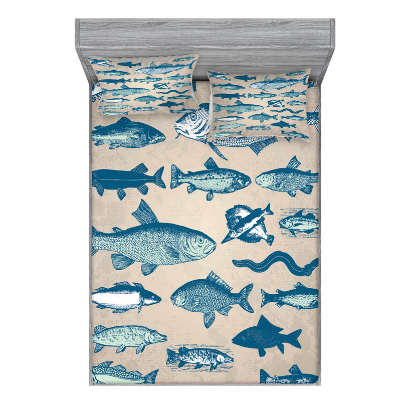Queen White Microfiber Fish Print Bed Sheet Set