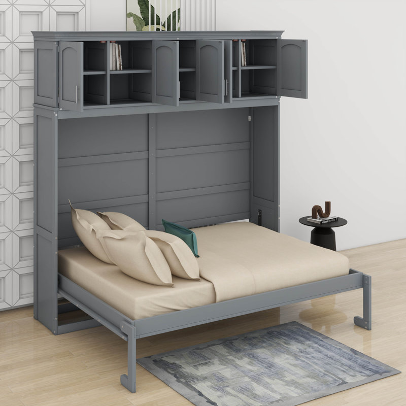 Grand lit escamotable avec armoires supérieures, Gris
