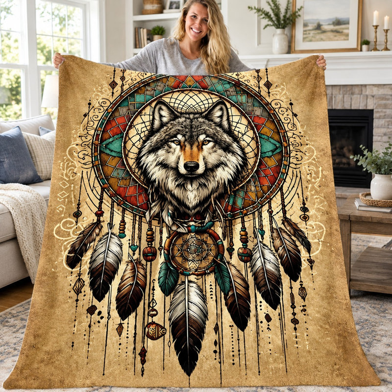 1pc Wolf Dreamcatcher Blanket, Native American Wolf Head Spiritual Symbol Flannel Throw, Super Soft Cozy Lightweight Warm Blanket for Sofa Couch Bed Living Room Dorm Office Travel, Home Decor All‑Season Gift,