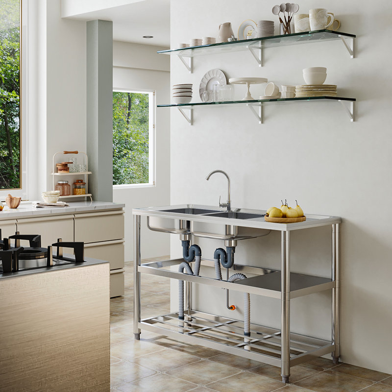 Belfry Kitchen Bevilacqua 500mm W Double Bowl Stainless Steel Kitchen Sink with 2 Faucet Holes