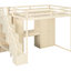 Lit mezzanine pleine grandeur de couleur beige, avec escalier latéral, tablettes ouvertes et coiffeuse de couleur beige, avec rangement intégré, rangement-929948798