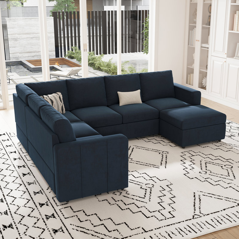L-Shaped Modular Sofa Set With Large Storage Space, Blue Velvet