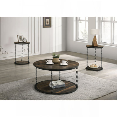 Ensemble de table rustique de style rustique 3 pièces 1 table basse 2 tables de bout décoratives à deux niveaux avec rangement brun foncé