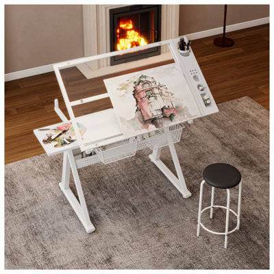 Adjustable Height Drafting Table with Tempered Glass Top in White
