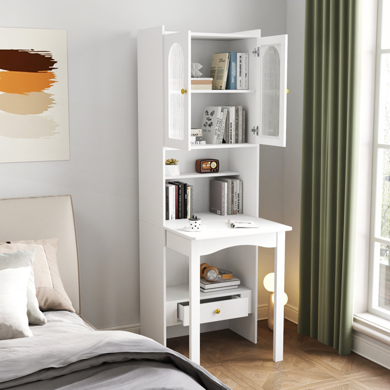 Fold-Out Convertible Writing Table, Desk Cabinet with Shelf and Drawer for Multi-Function Home Office Workstation, White