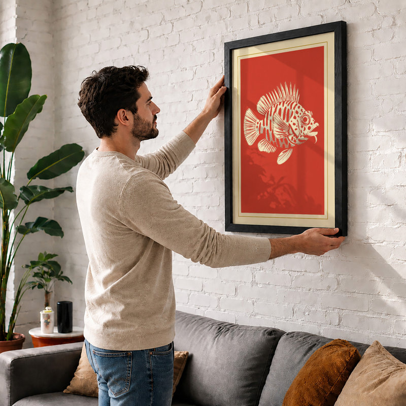 Spiky Fish Study Japandi - Framed Print, A1 - 84.1 x 59.4 cm, White