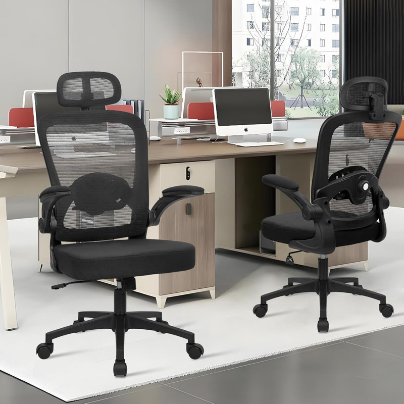 KLASIKA Desk Chairs with Wheels, Ergonomic Mesh Back Home Office Chair with Headrest, Adjustable Lumbar Support Swivel Rolling Computer Chairs with Flip Up Armrests for Conference Meeting Room, Black