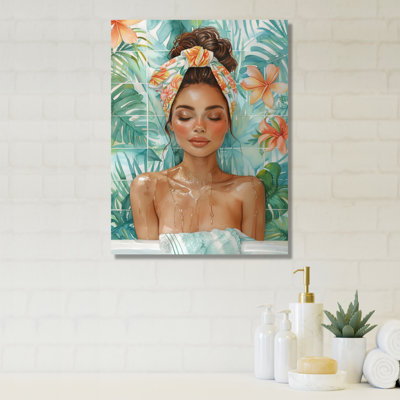 Rose, bleu, femme en salle de bain IV - Art mural de salle de bain